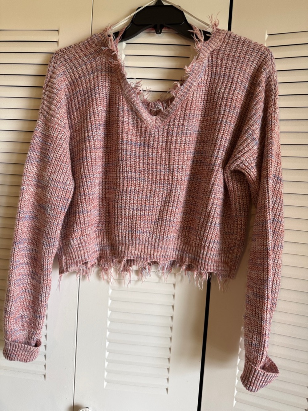 Cloud Chaser Pink Marled Distressed V-Neck Sweater